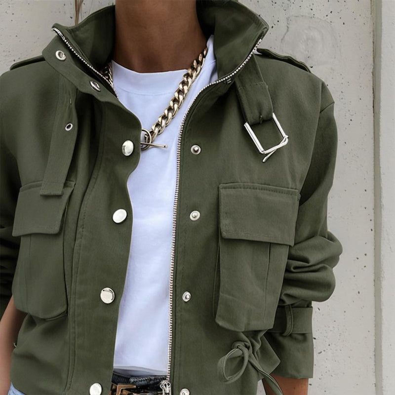 Women's Stand Collar Jacket - Button Zipper Spring Coat - Fashions Envy