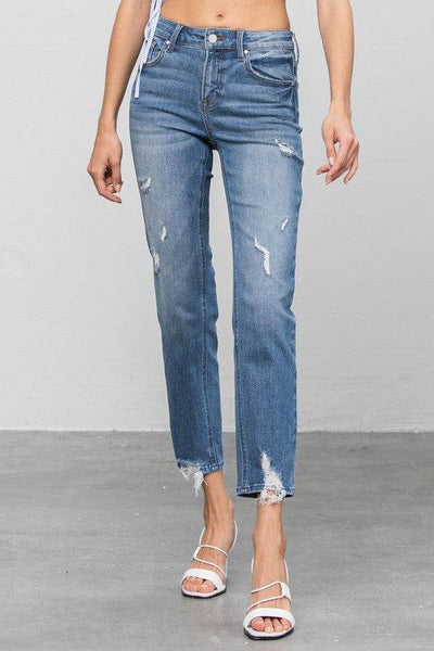 Mid-Rise Slim Girlfriend Jeans with Ripped Details - Fashions Envy