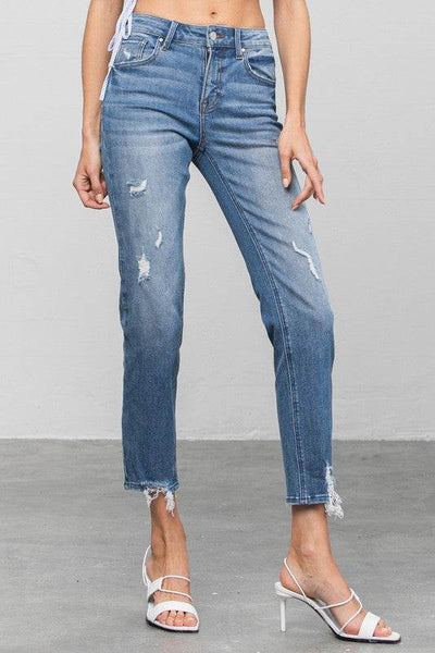 Mid-Rise Slim Girlfriend Jeans with Ripped Details - Fashions Envy