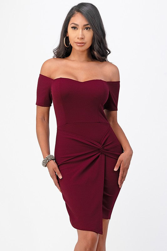 Off The Shoulder Sleeveless Front Twist Bodycon Mini Dress