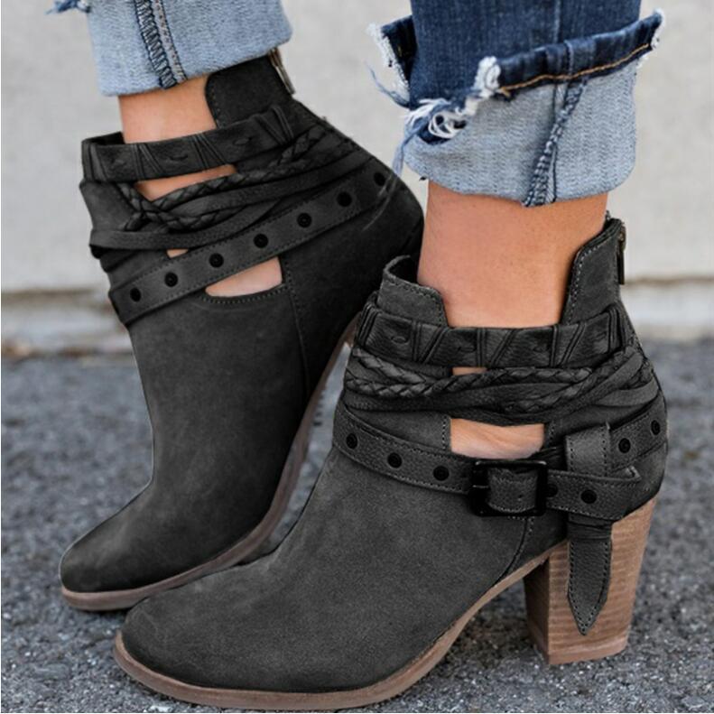 Women's High Heel Martin Boots - Rivet Belt Buckle Design - Fashions Envy
