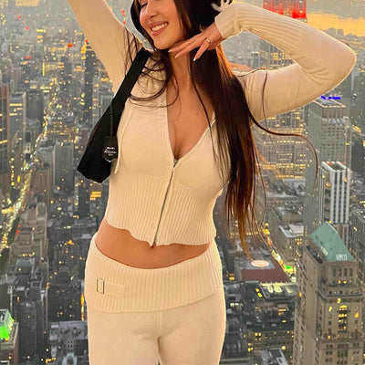 Soft Zip-up Long Sleeve Crop Sweater and Low Waist Pants Set