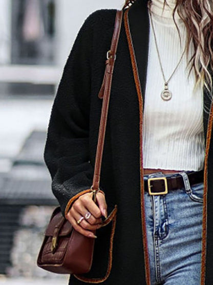 Full Size Contrast Trim Long Sleeve Coat with Pockets - Fashions Envy