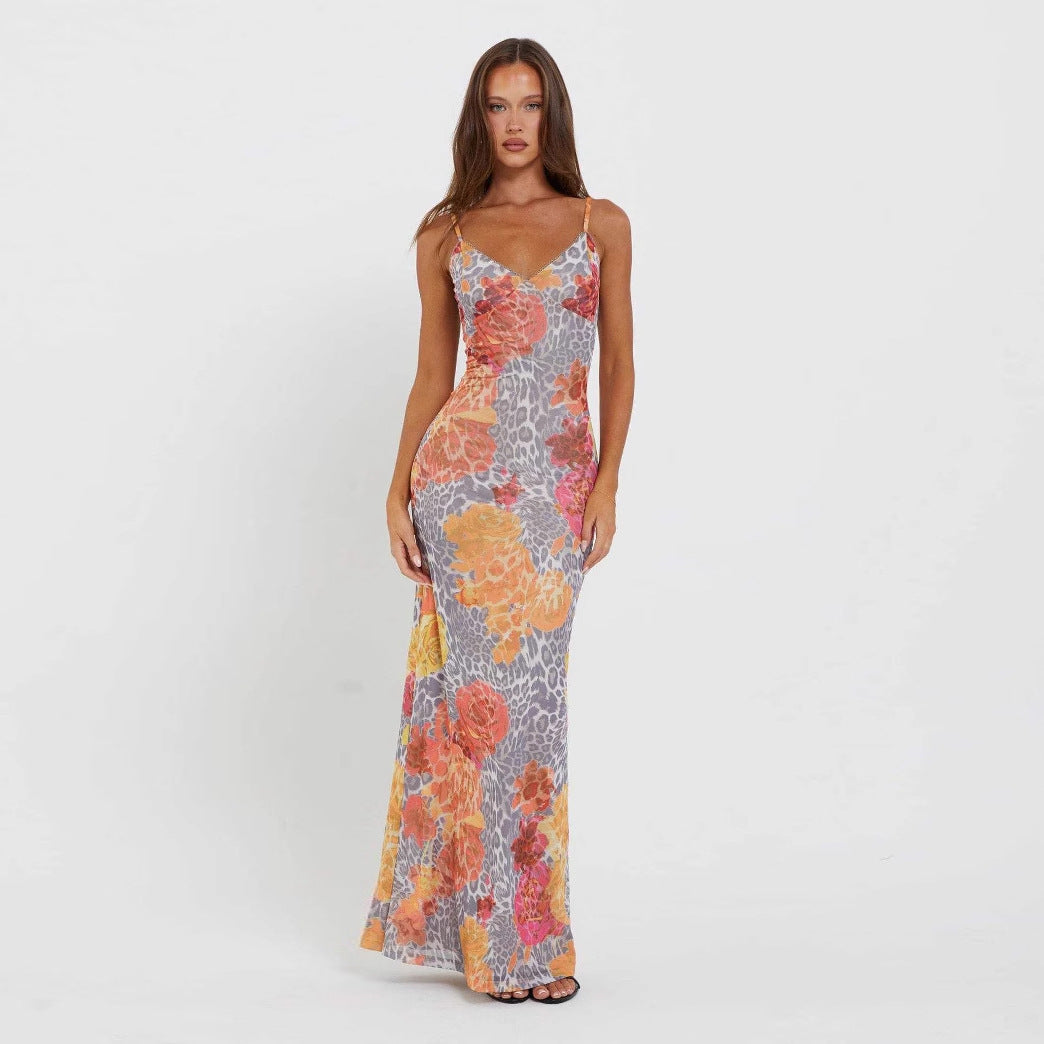 Slim-fit Contrast Colors Backless Sling Maxi Dress