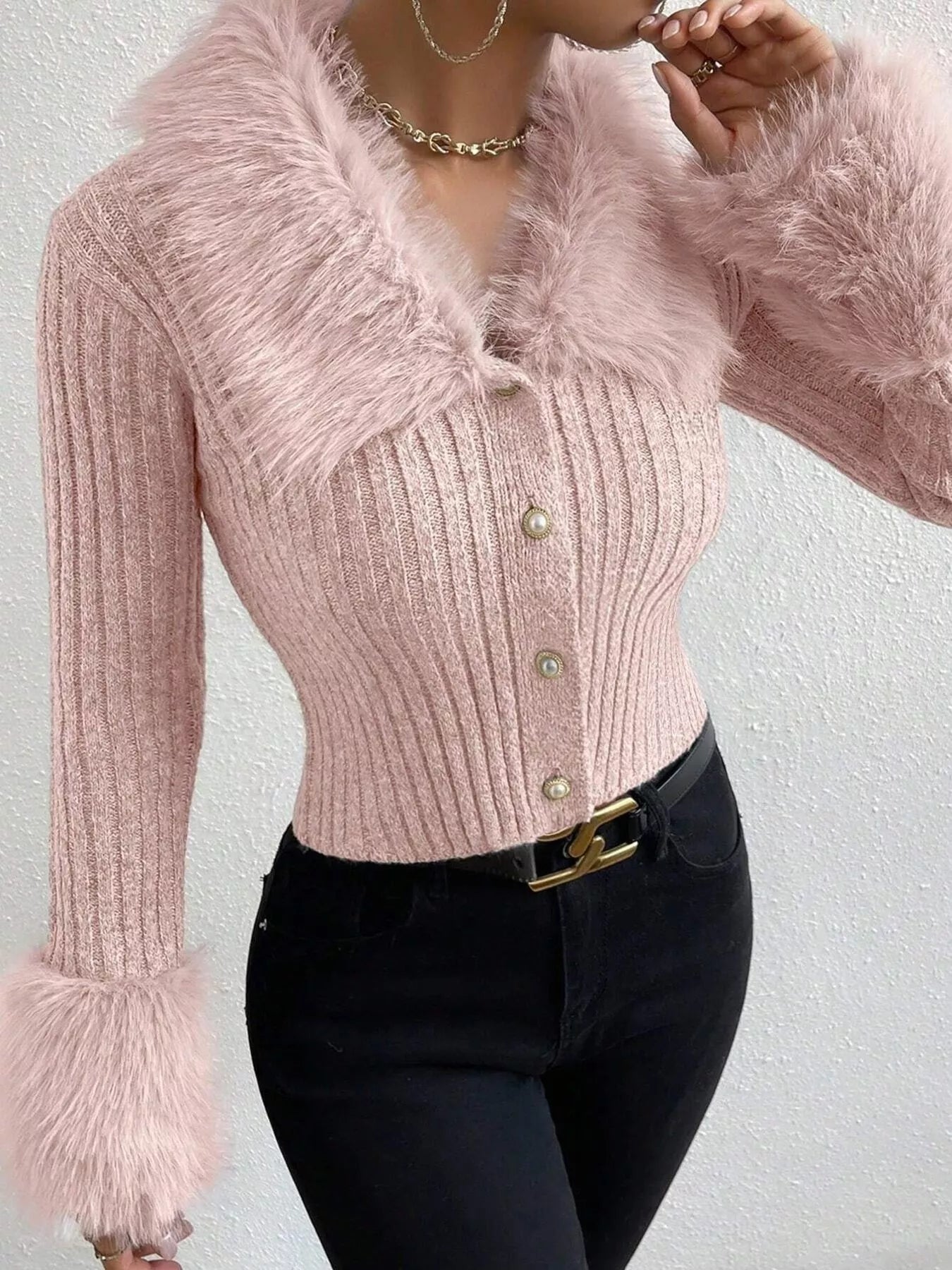 Faux Fur Trim Ribbed Knit Cropped Cardigan - Fashions Envy