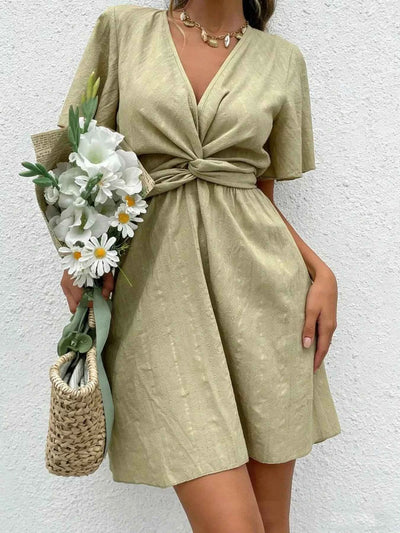 Twist Waist Flutter Sleeve Mini Dress