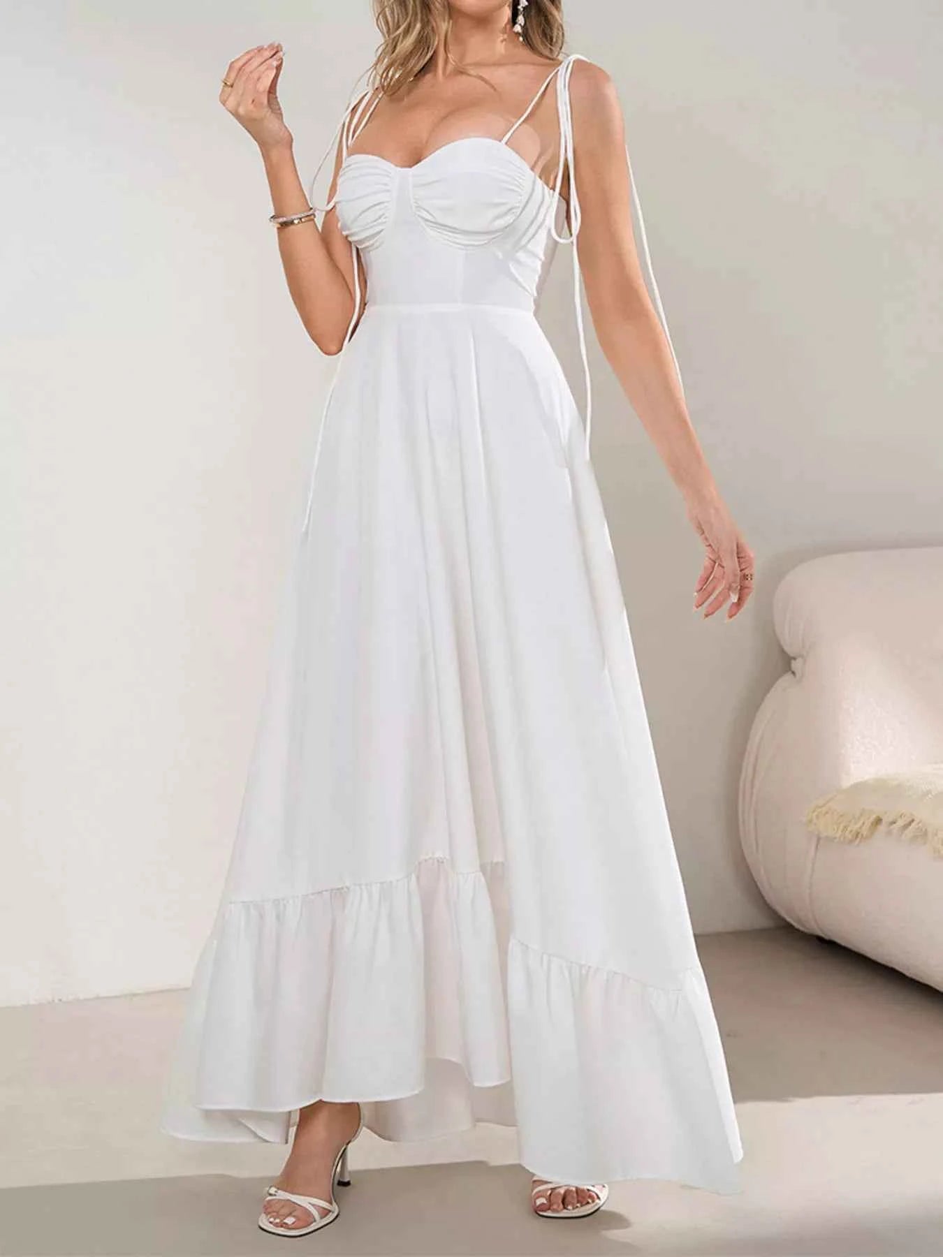 Sweetheart Neck Tie-Strap Ruffle Hem Maxi Dress