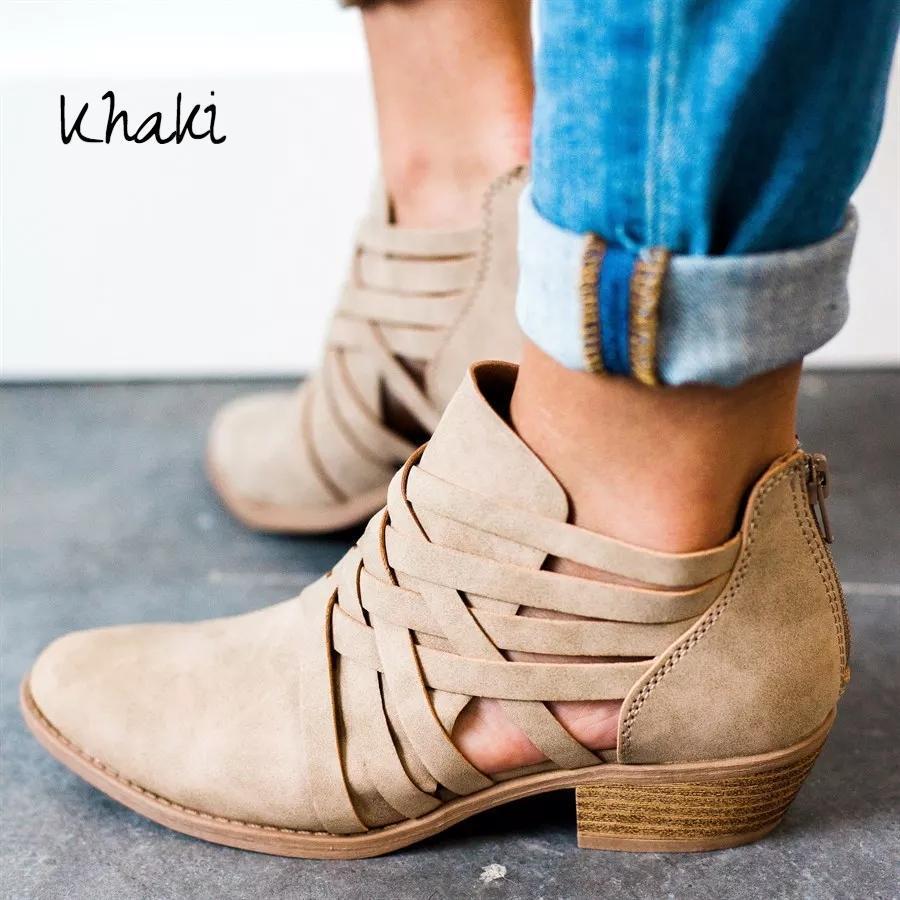Women's Pointed Thick Heel Boots - Hollow Short Design - Fashions Envy