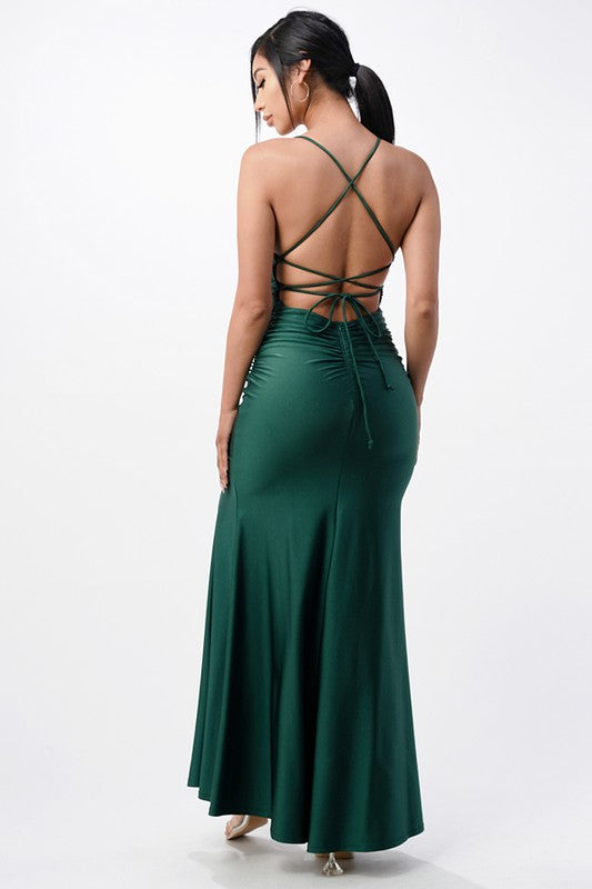 Back Lace Up Mermaid Maxi Dress with Waist Shirring