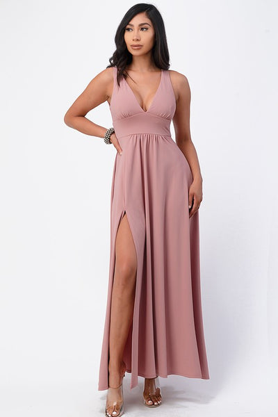 Dull Tricot Deep-V Neck A line Maxi Dress