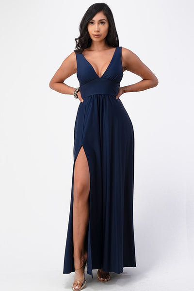 Dull Tricot Deep-V Neck A line Maxi Dress