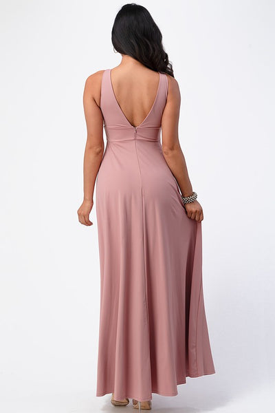 Dull Tricot Deep-V Neck A line Maxi Dress