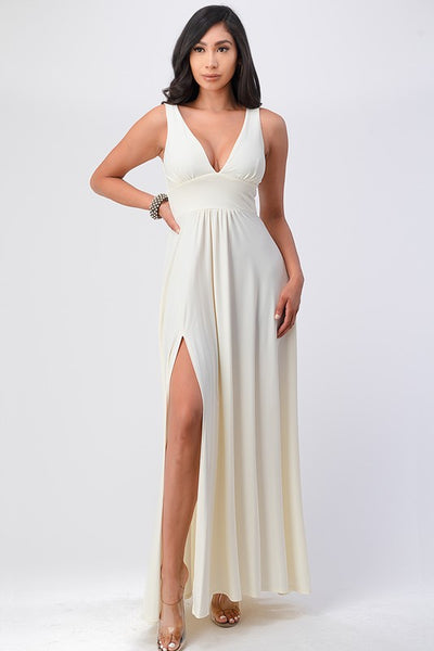 Dull Tricot Deep-V Neck A line Maxi Dress