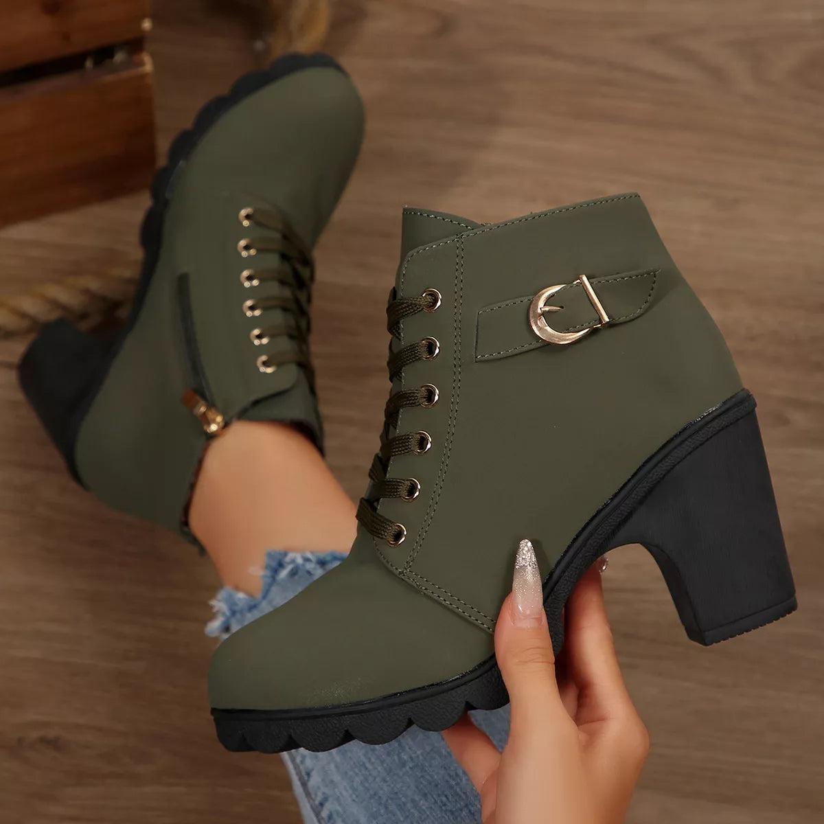 Lace Up Boots - Block High Heels - Fashions Envy