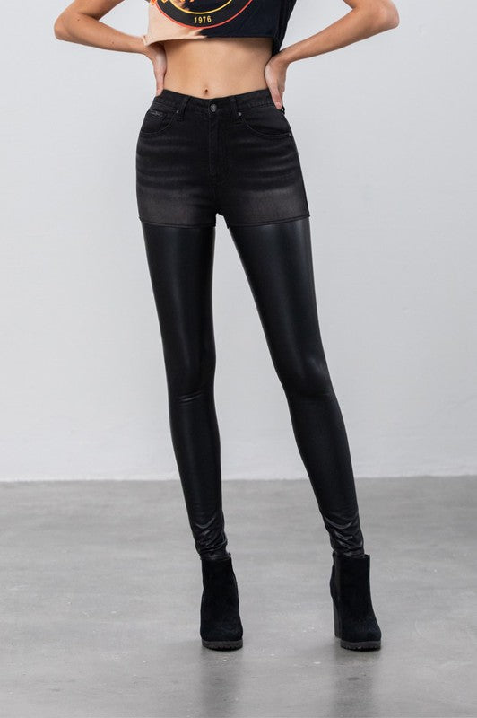 High Rise Denim/Leather Combo Skinny Jeans