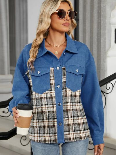 Plaid Denim Jacket - Button-Up Long Sleeve Outerwear - Fashions Envy
