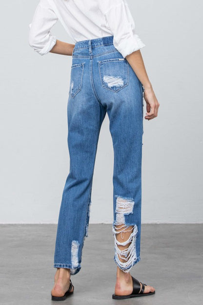 Front and Back Distress Medium Wash Straight Jeans