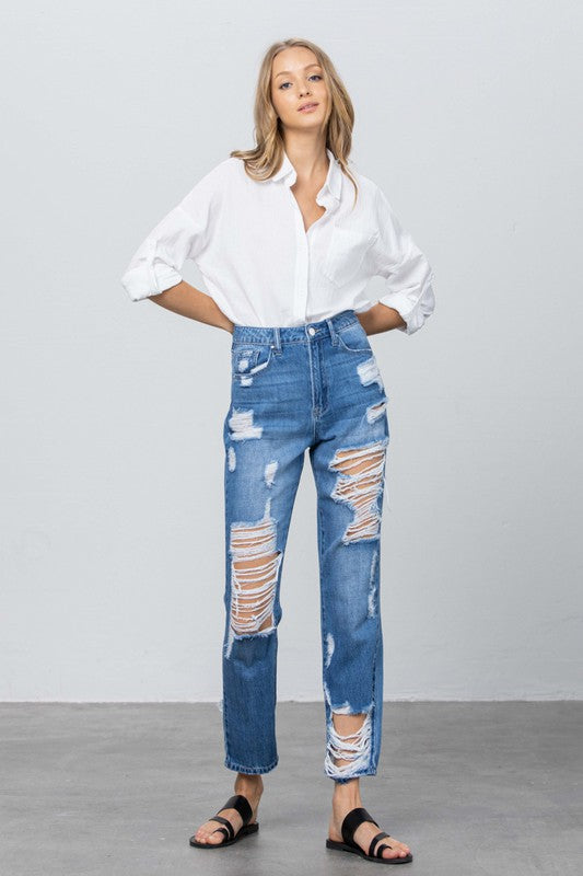 Front and Back Distress Medium Wash Straight Jeans