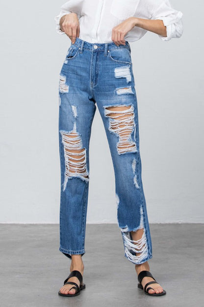 Front and Back Distress Medium Wash Straight Jeans