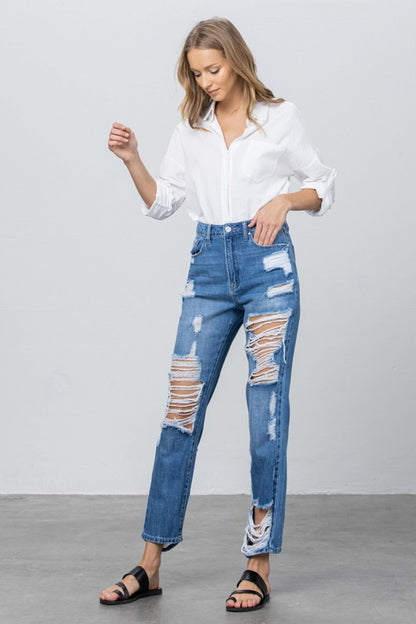 Front and Back Distress Medium Wash Straight Jeans