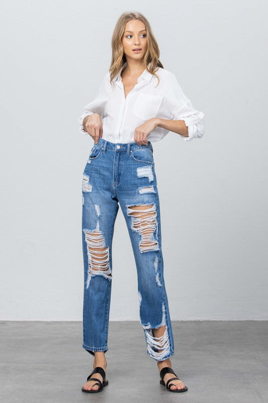 Front and Back Distress Medium Wash Straight Jeans