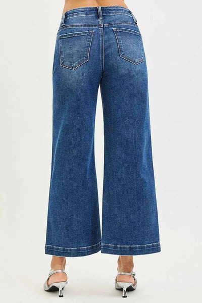 RISEN High Rise Wide Leg Jeans - Dark Wash Button Detail