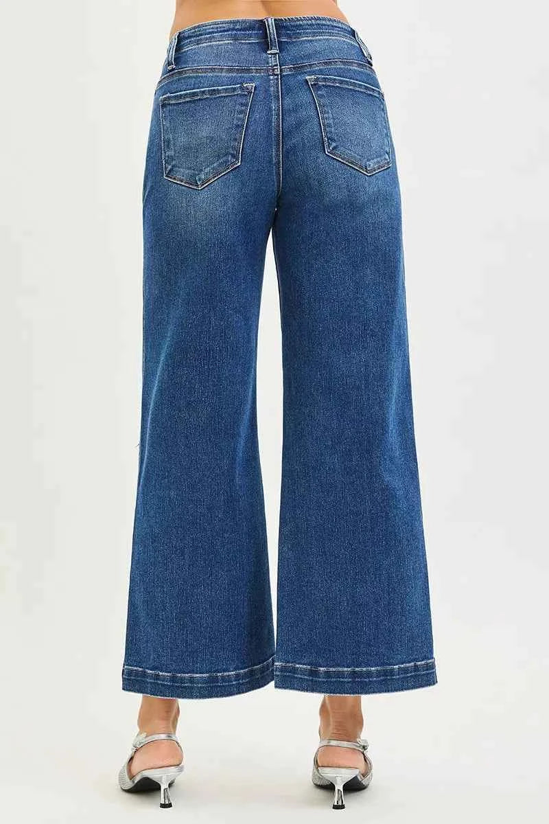 RISEN High Rise Wide Leg Jeans - Dark Wash Button Detail