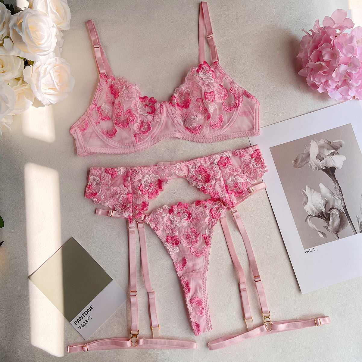 Floral Embroidered Garter Set - Lace Up Intimate Wear