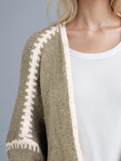 Double Take Contrast Open Front Dropped Shoulder Cardigan - Fashions Envy