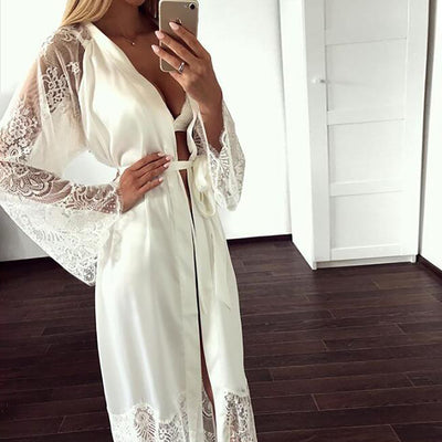 Lace Nightdress Robe - Full Length Tie Sexy Sleepwear