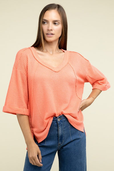 Brushed Waffle Exposed-Seam 3/4 Sleeve Top - Fashions Envy