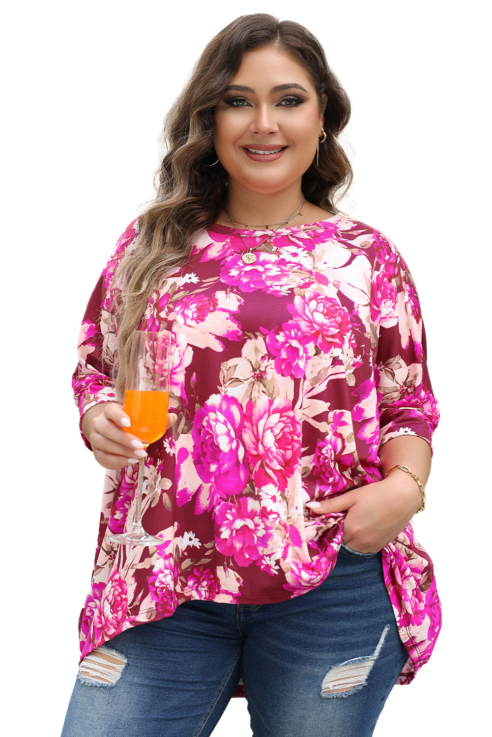 Red Floral Print Short Sleeve Plus Size Blouse