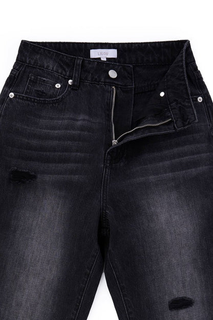 Black No Stretch Distressed Straight Jeans