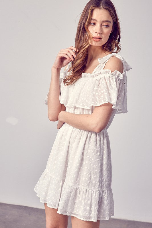 Cold Shoulder Ruffle Flare Trim Mini Dress