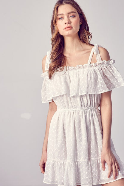 Cold Shoulder Ruffle Flare Trim Mini Dress