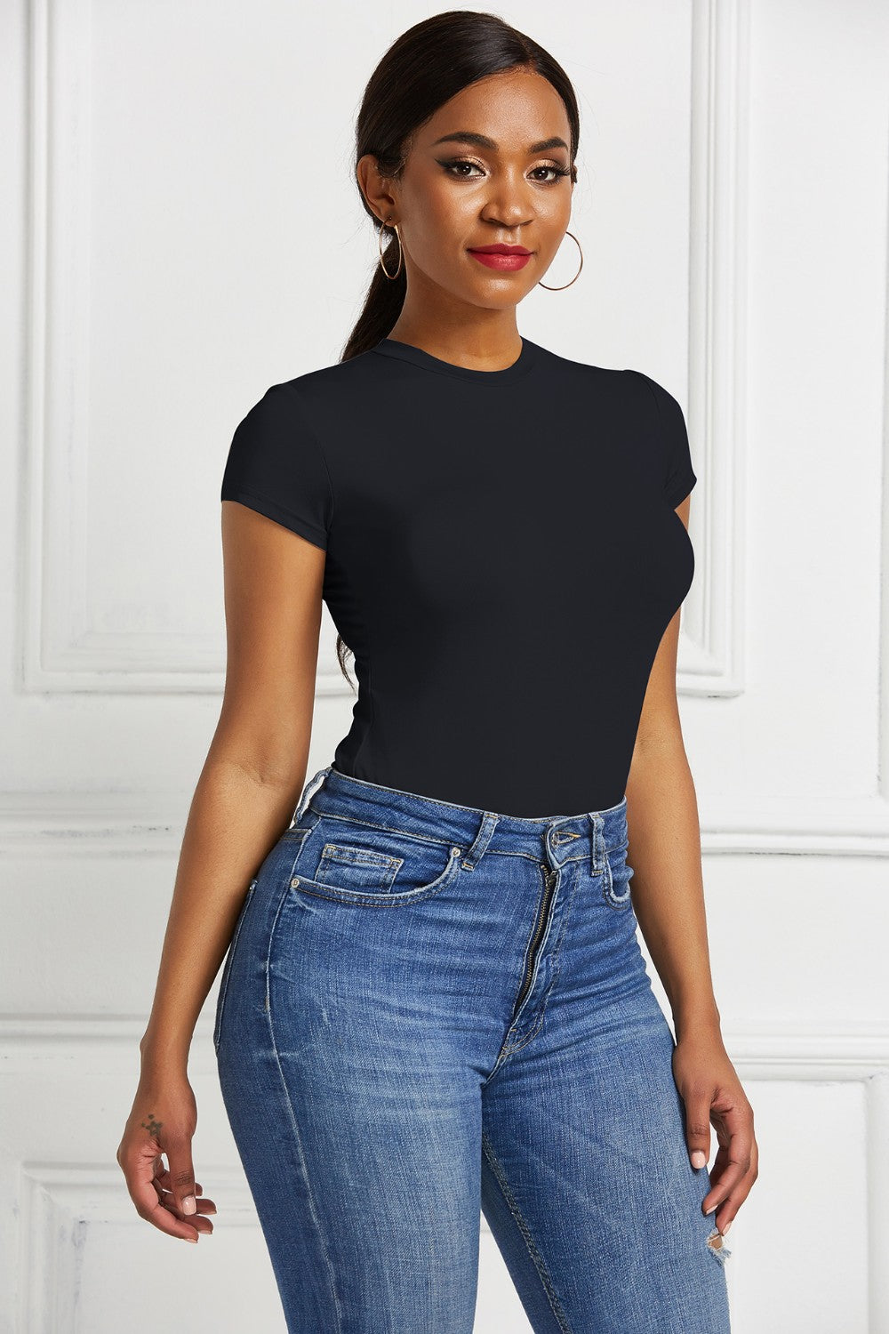 Round Neck Short Sleeve Bodysuit - Fashions Envy