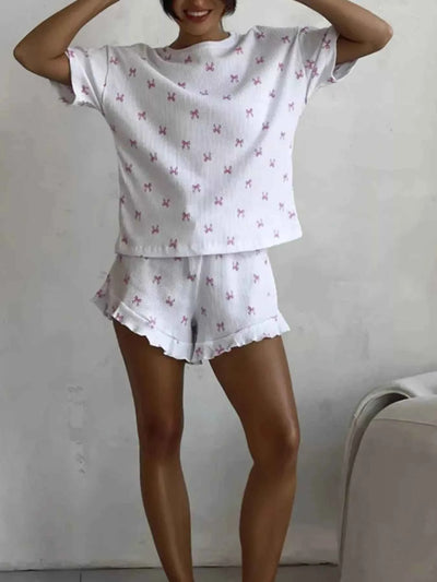 Ribbed Knit Bow Print Top and Shorts Lounge Set
