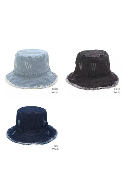 Washed Design Frayed Edge Denim Bucket Hat