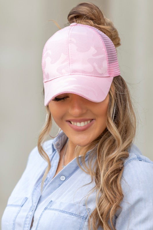 Fun Camo Color Messy Bun Ponytail Cap