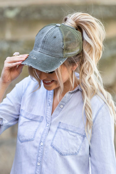 Distressed Messy Bun Hat Cap - Fashions Envy