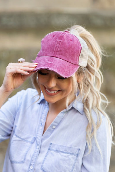 Distressed Messy Bun Hat Cap - Fashions Envy