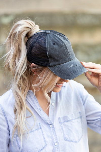 Distressed Messy Bun Hat Cap - Fashions Envy