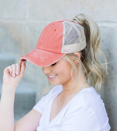 Distressed Messy Bun Hat Cap - Fashions Envy