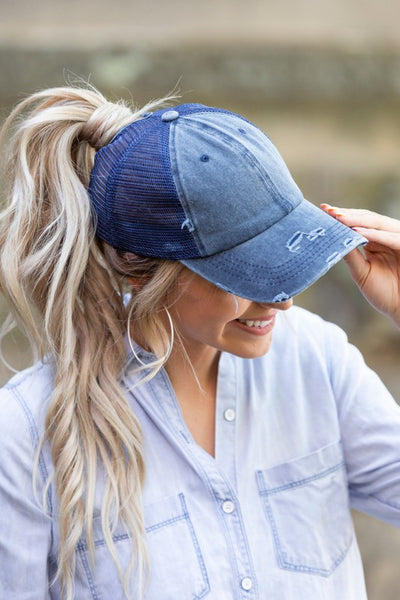 Distressed Messy Bun Hat Cap - Fashions Envy