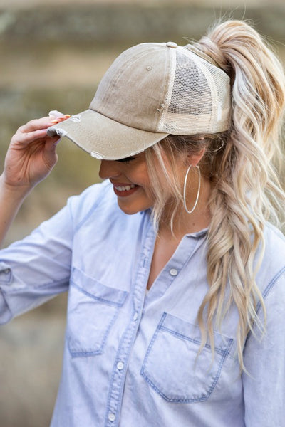 Distressed Messy Bun Hat Cap - Fashions Envy