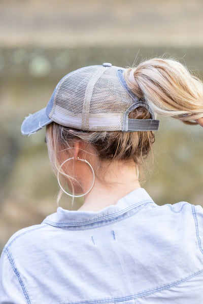 Distressed Messy Bun Hat Cap - Fashions Envy