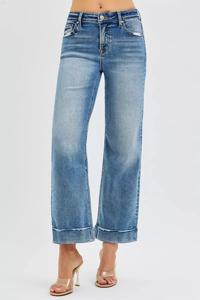 RISEN Crop Straight Jeans - Mid Rise Cuffed Hem - Fashions Envy