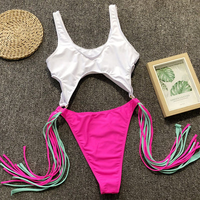 Cutout Monokini Swimsuit - Tassel Detail Halter - Fashions Envy