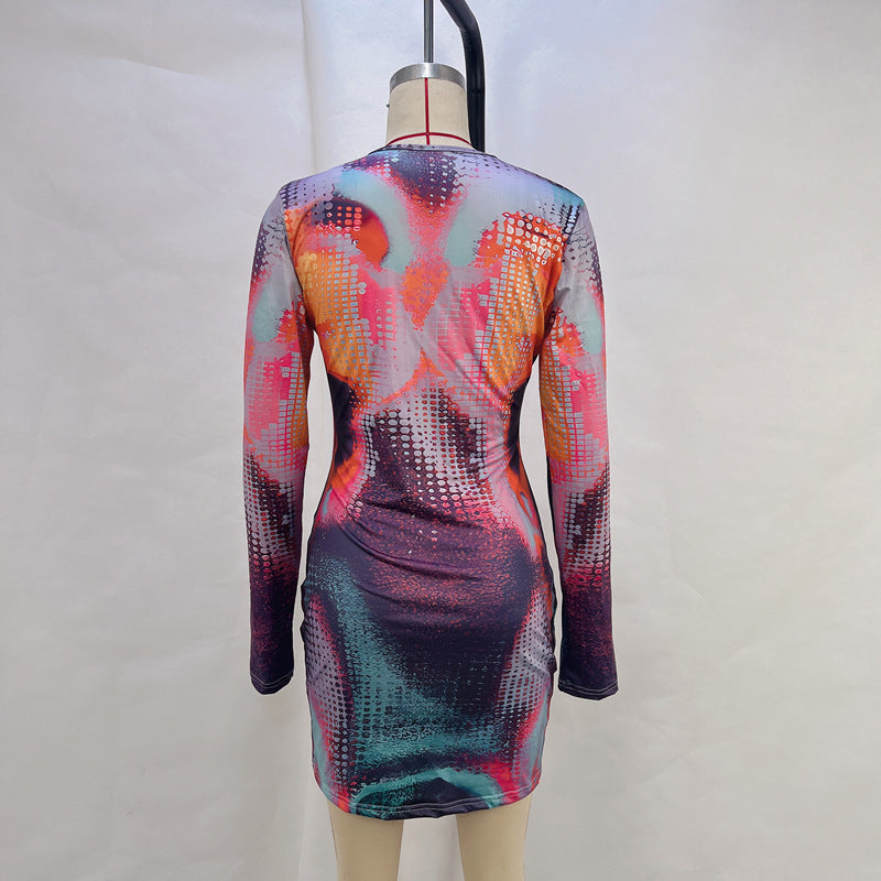 Printed Round Neck Bodycon Dress - Long Sleeve Mini