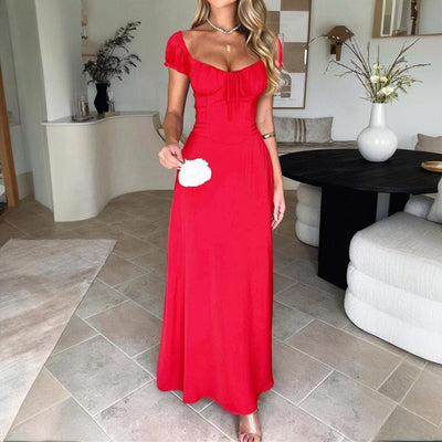 Women's Bohemian Backless Flowy Ruffled Maxi Dress with Adjustable Belt - Summer Vacation
